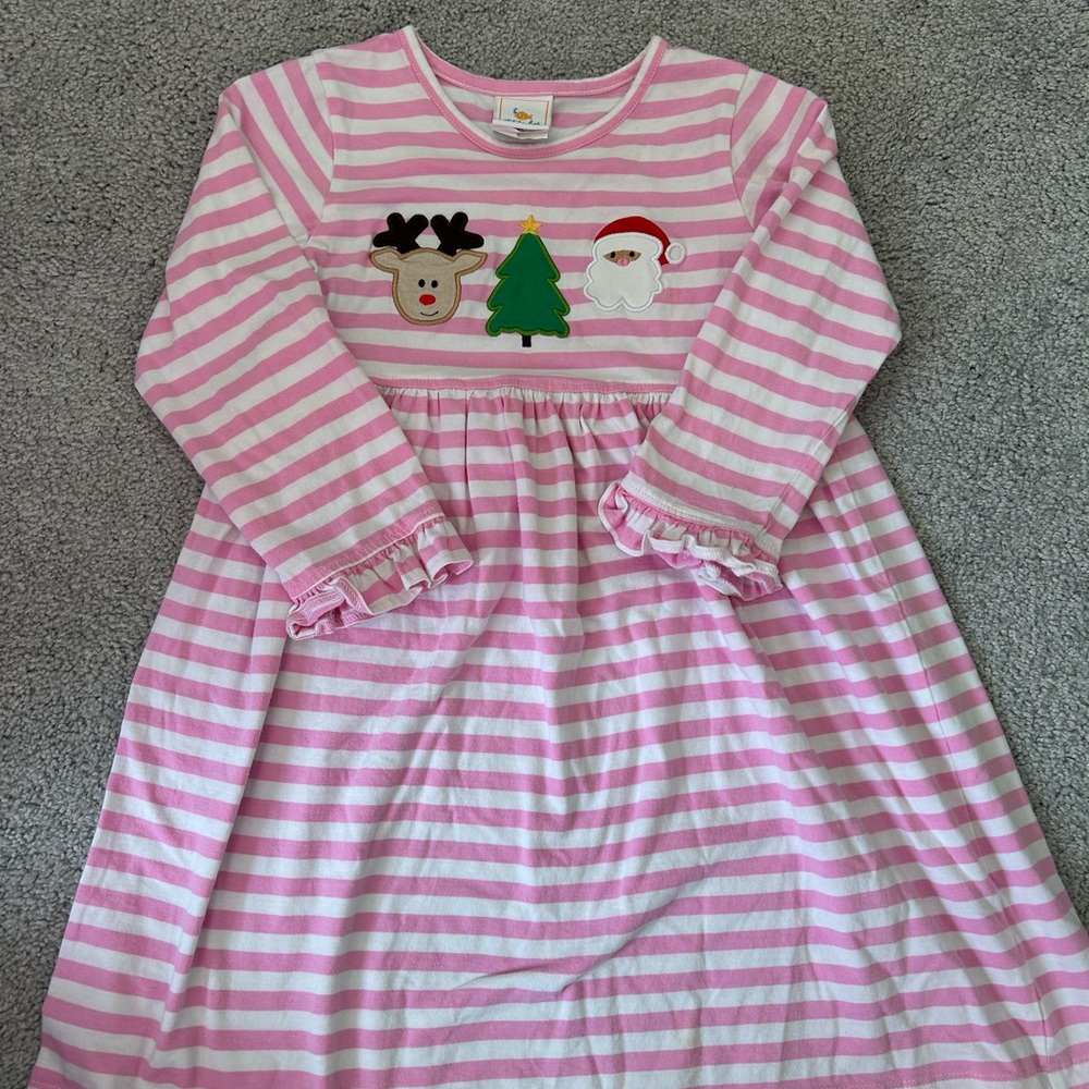 Stitchy Fish Pink Striped Christmas Dress Sz 5